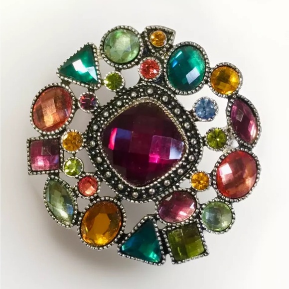 Vintage Flower Rosette Multi Rhinestone PREMIER DESIGN Silver Tone Brooch - Picture 2 of 3